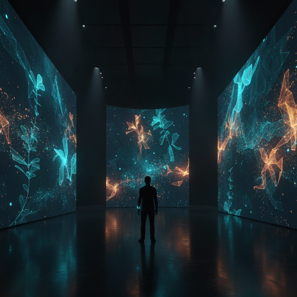 Interior of an AI art museum: a lone visitor silhouetted against floor-to-ceiling screens swirling with luminous data-driven rainforest imagery