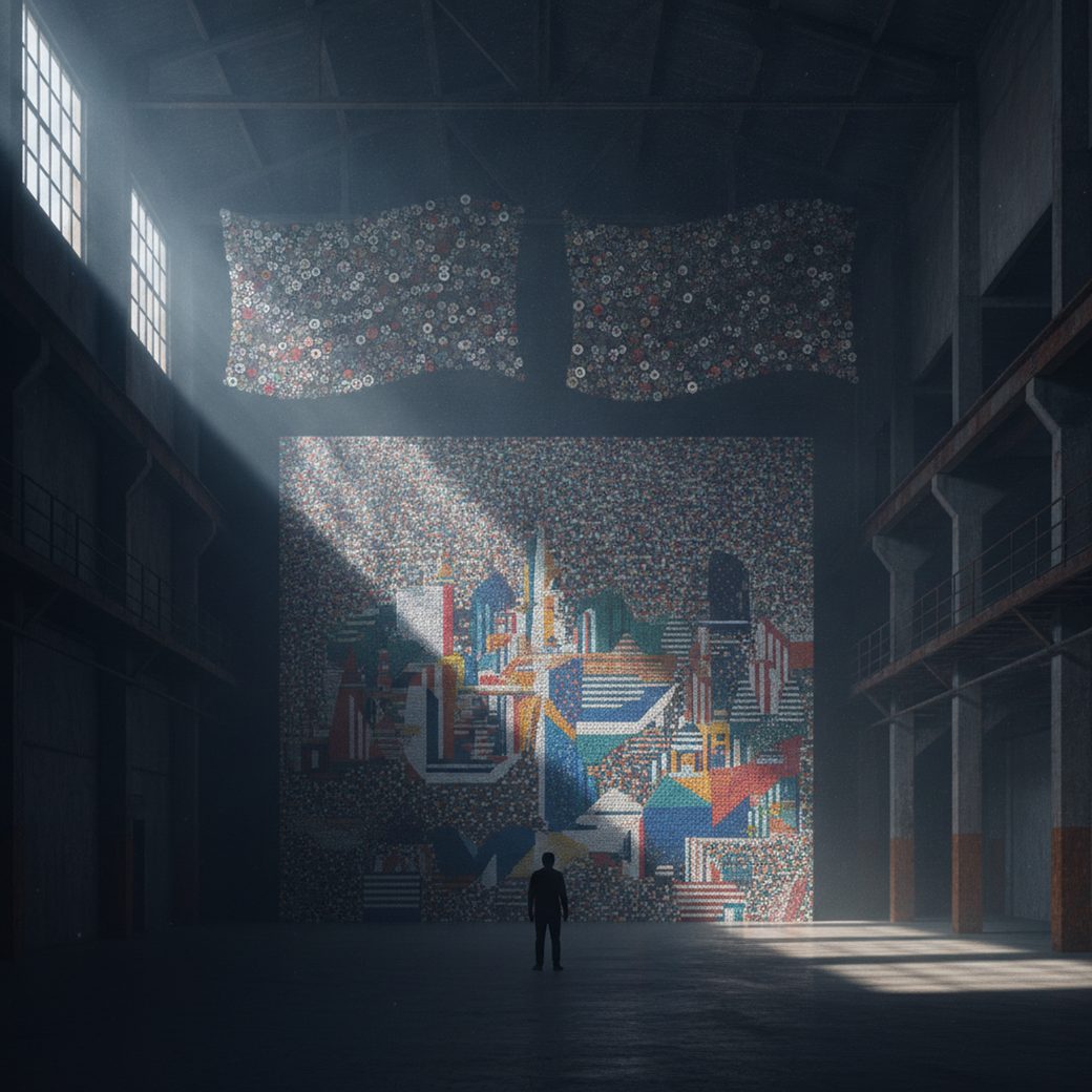 A lone visitor silhouetted before a towering Manchester warehouse mural built from millions of tiny multicoloured toy bricks and button-mosaic flags in Ai Weiwei's Button Up
