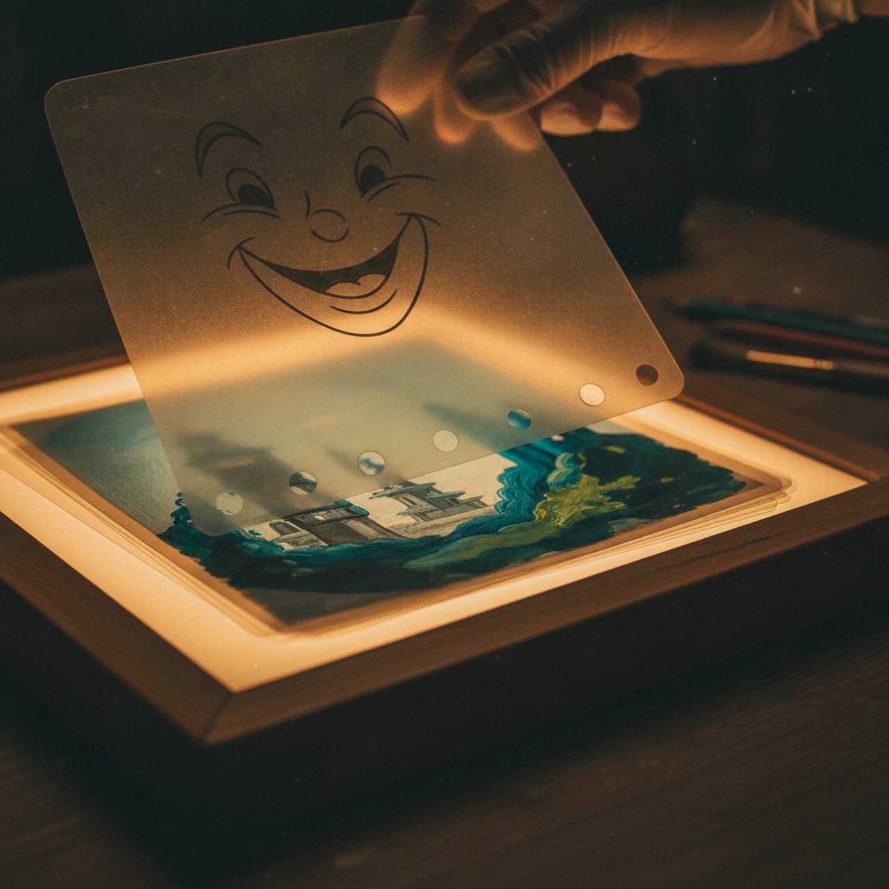 Hand-painted animation cel lifted off a glowing lightbox above a painted background, illustrating rising animation cel prices at auction