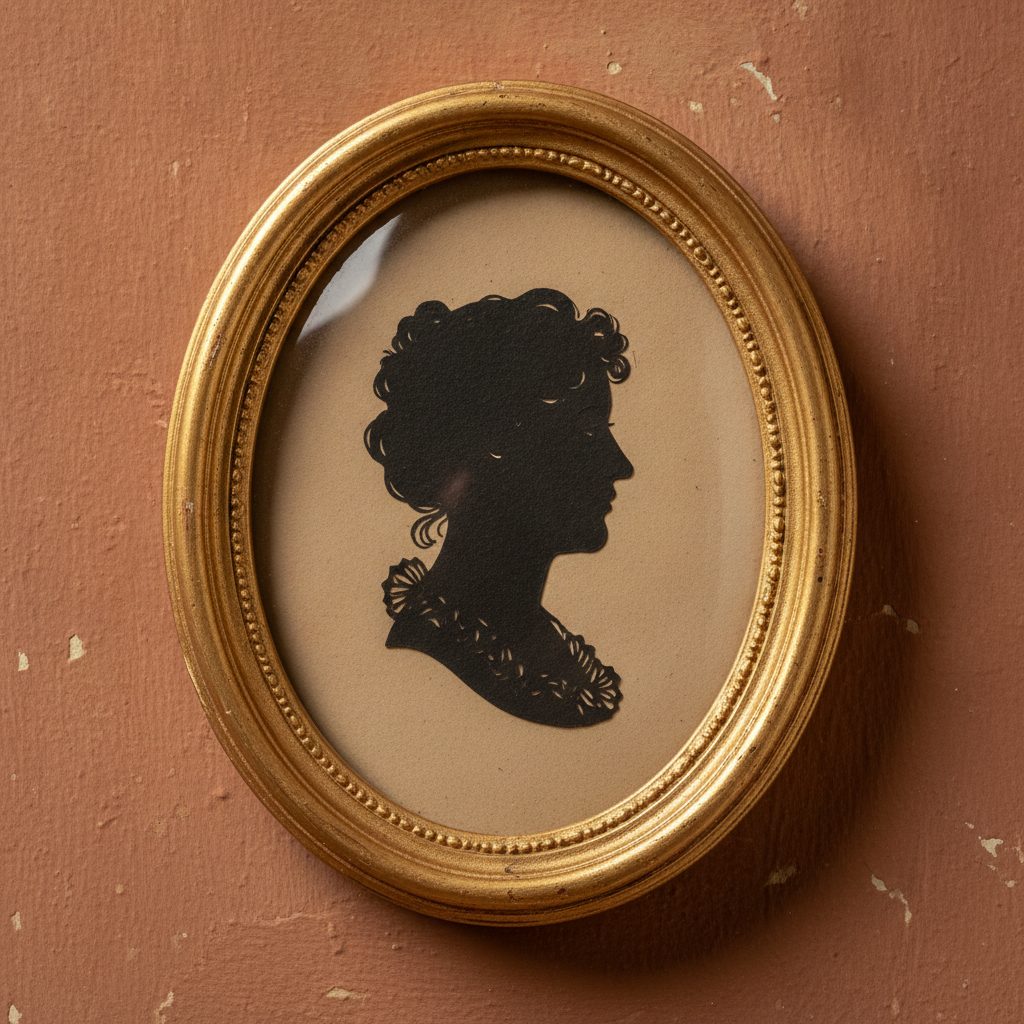 An antique Victorian black paper-cut silhouette portrait framed on a warm wall