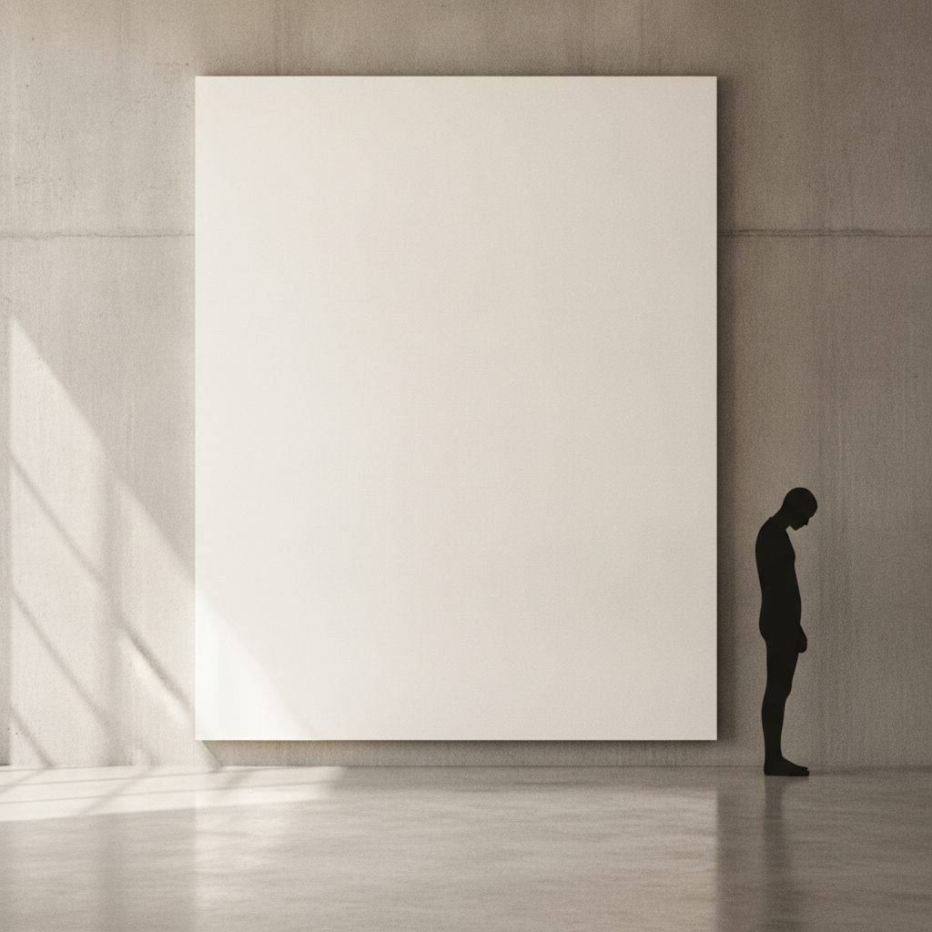 A minimalist composition with a lone dark figure at the edge of a large pale canvas