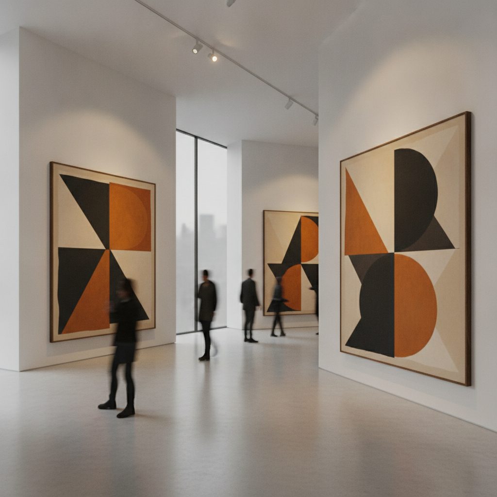 A modern gallery interior with bold geometric silhouette canvases