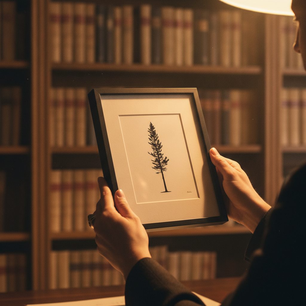 A collector's hands holding a framed minimalist silhouette artwork in a study