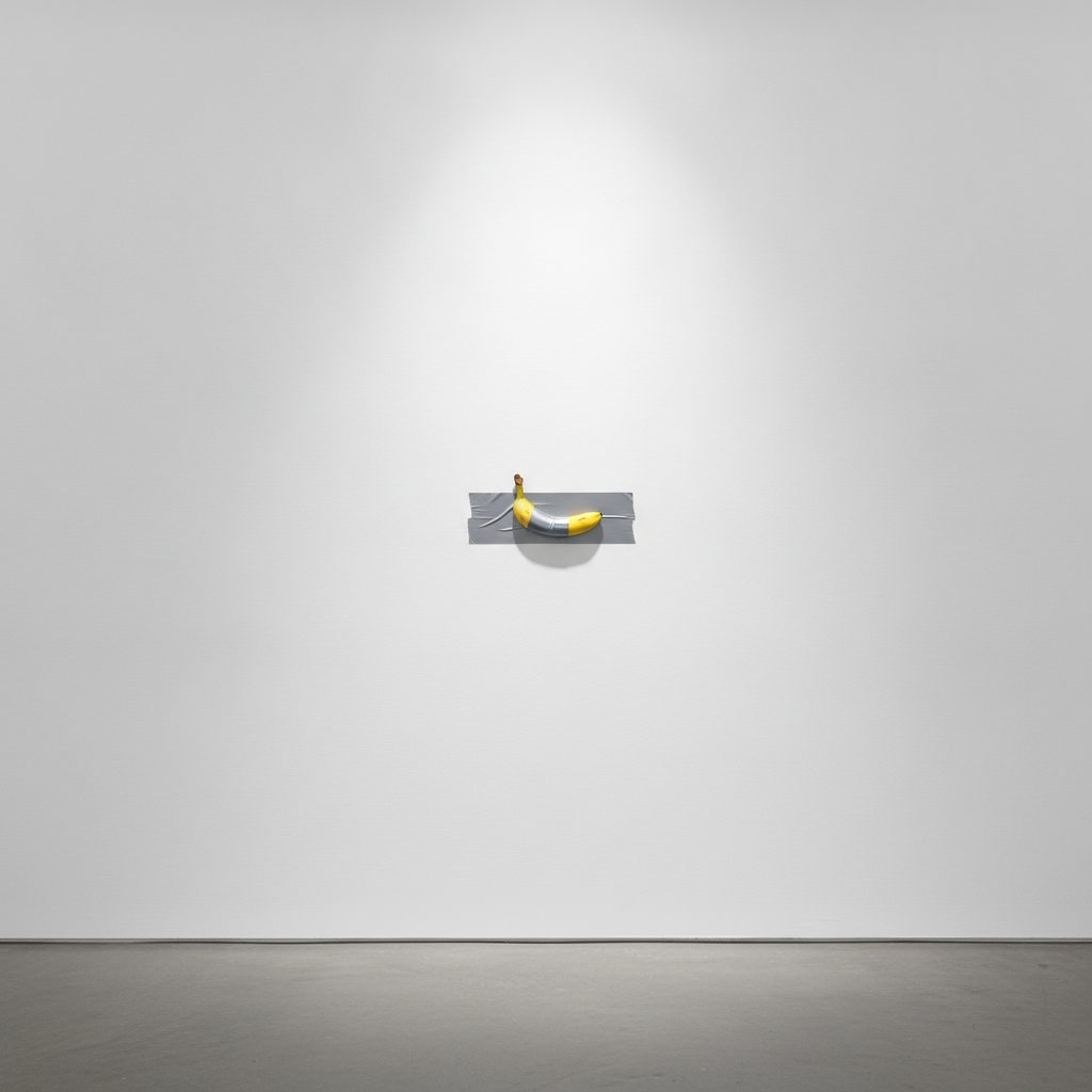 A single banana duct-taped to a pristine white gallery wall under a dramatic spotlight