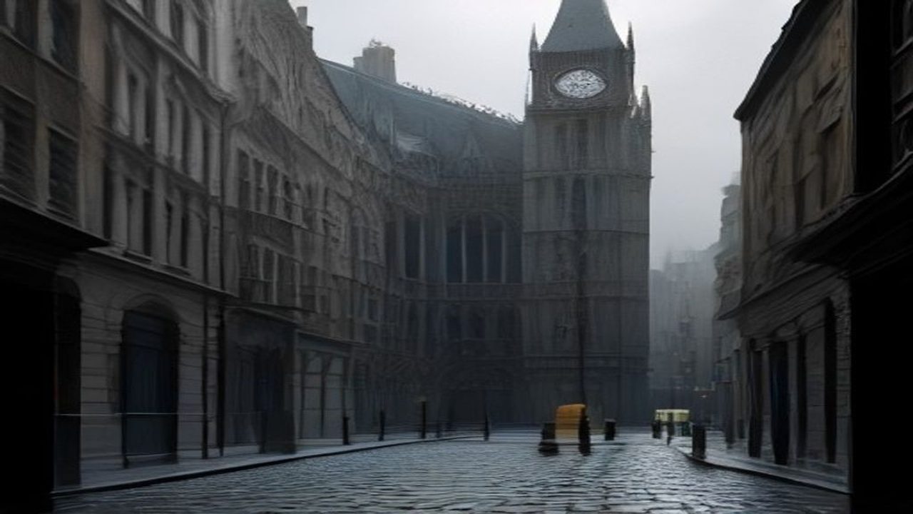 Victorian gothic courthouse facade on a wet empty London street, the kind of listed stone wall a Banksy removal targets