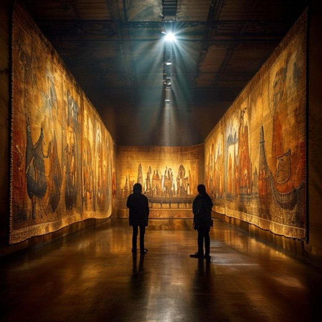 A lone visitor silhouetted in a dark gallery before a vast, backlit medieval Bayeux Tapestry style embroidery of horsemen and ships glowing on the wall