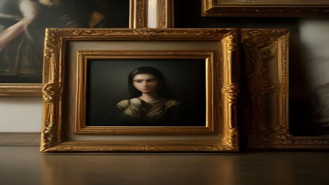 Stacked gilt-framed inherited oil paintings leaning against a wall in dim storage, illustrating the boomer art dump