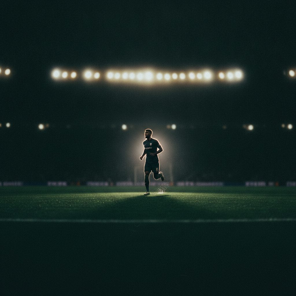 A lone footballer mid-stride, isolated as a single silhouette against the dark green pitch and blurred floodlights of a night stadium