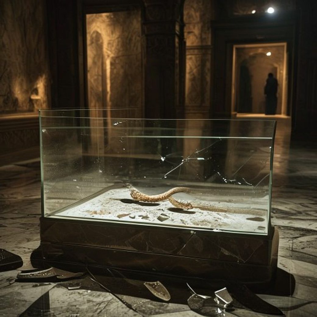 Shattered empty museum display case where a stolen golden Celtic torque once sat, a security guard silhouetted in the doorway
