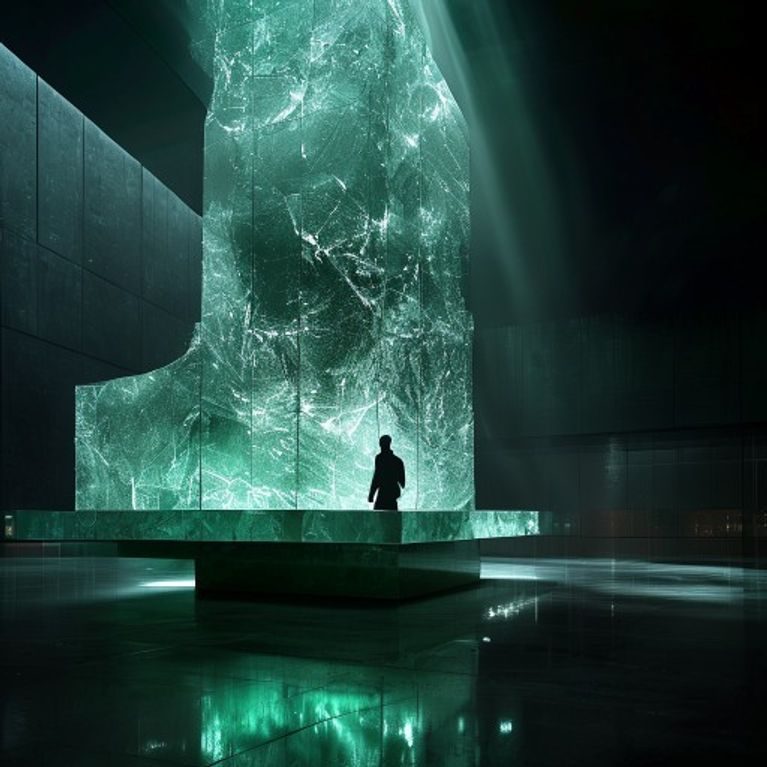 Frank Gehry Icehenge glass desk glowing under a spotlight in a dark skyscraper lobby, a lone person silhouetted beside it for scale
