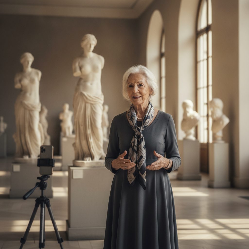 A silver-haired museum curator being filmed on a phone among classical marble sculptures in a warm sunlit gallery, illustrating the Gen Z museum slang trend