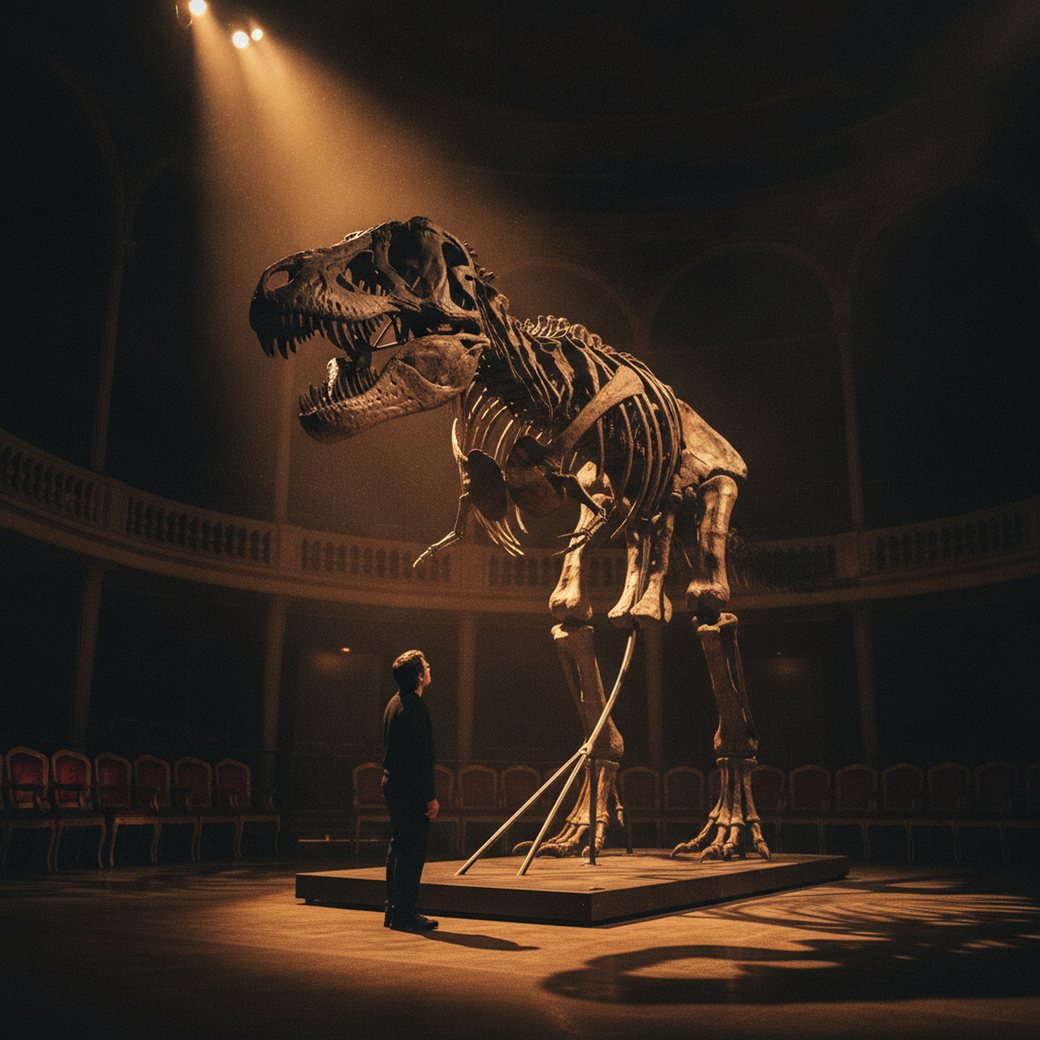 Gus the T. rex fossil skeleton towering in a darkened auction gallery with a single small human figure silhouetted beneath its skull for scale