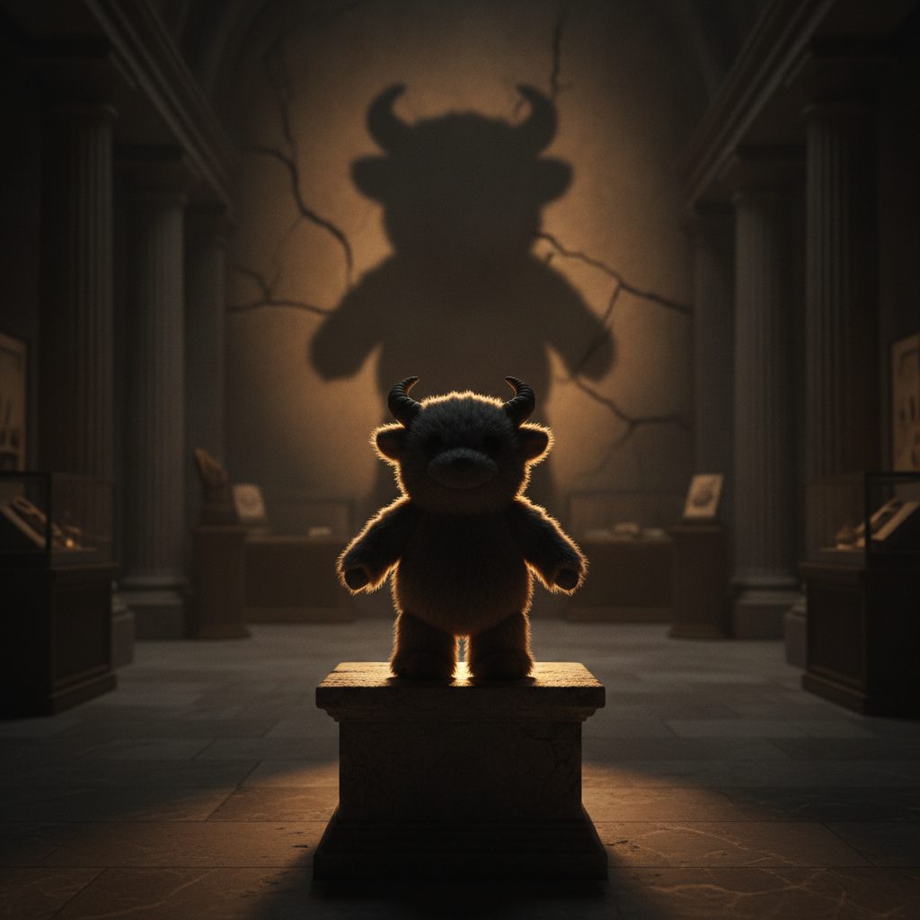 A small fuzzy horned Labubu-style toy monster on a museum plinth, backlit into a bold silhouette casting a huge shadow on the gallery wall