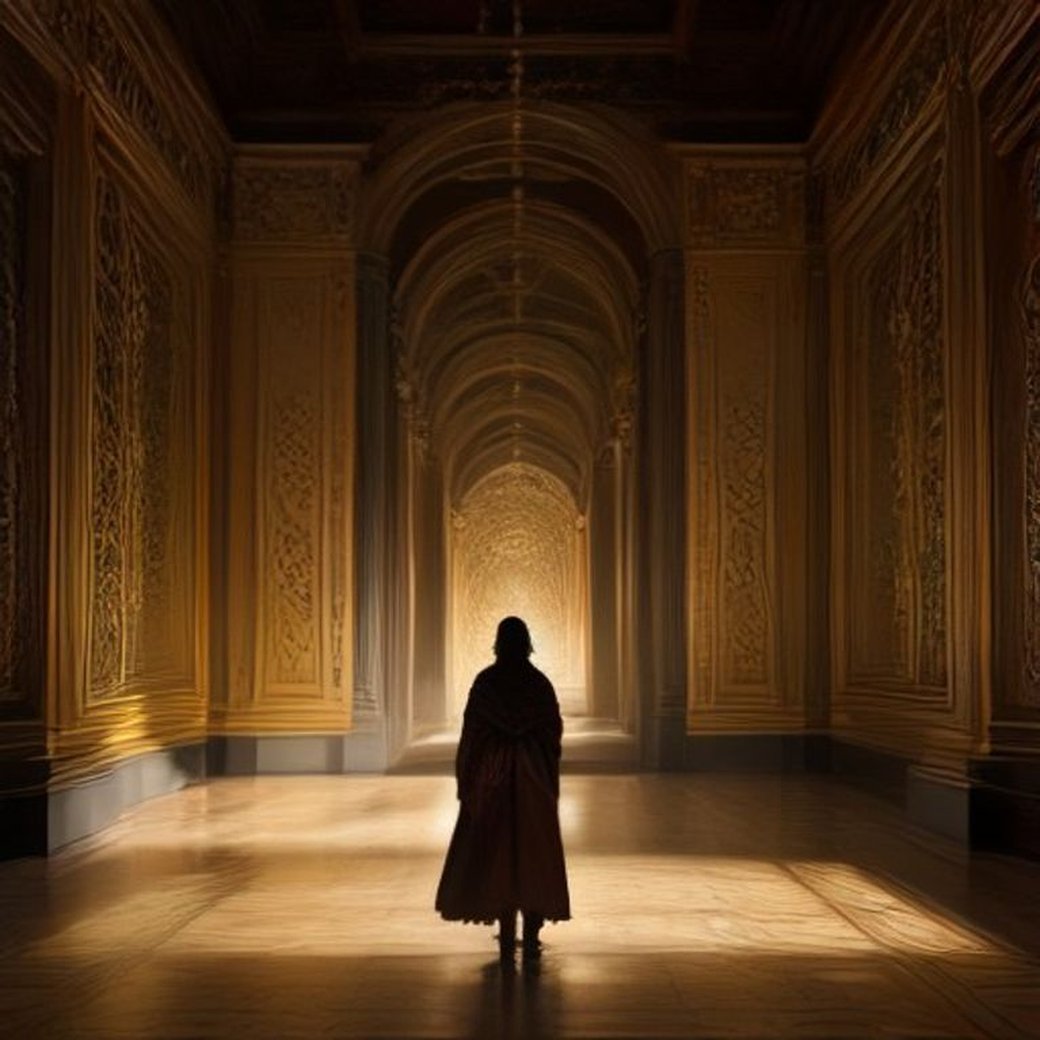 A lone visitor silhouetted before a large glowing golden Klimt-style painting in a dark Vienna museum gallery