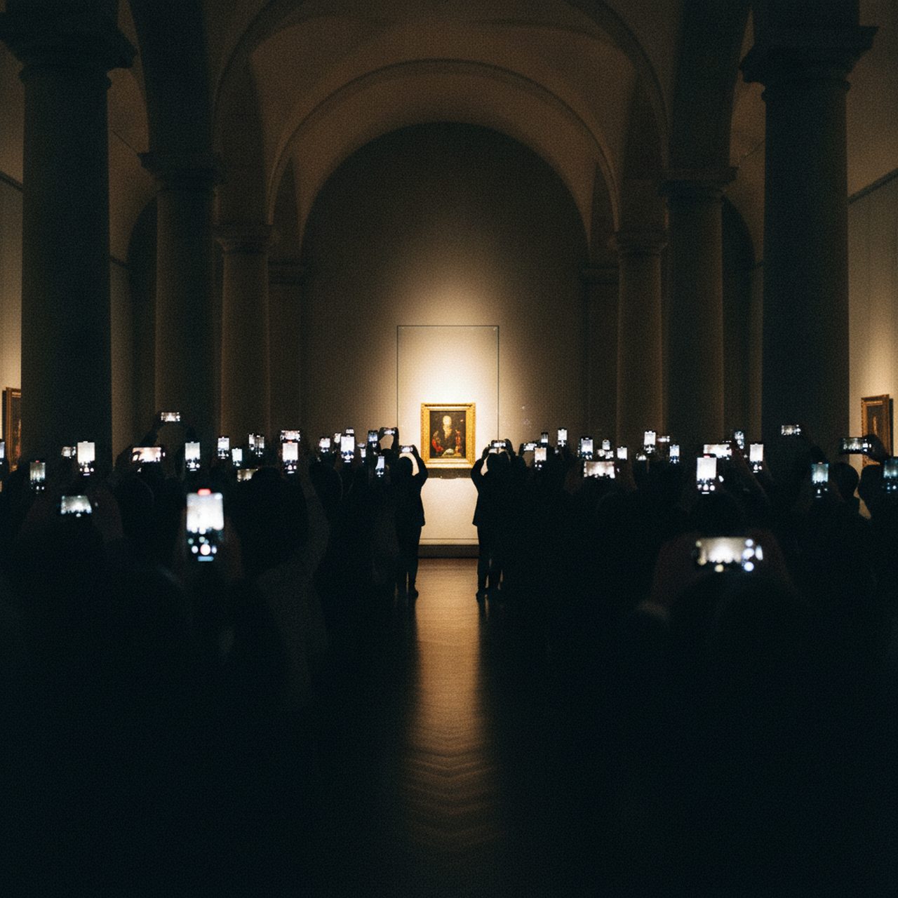 Museum visitors silhouetted behind a wall of glowing phone screens all aimed at one small distant painting, the Mona Lisa crowd problem