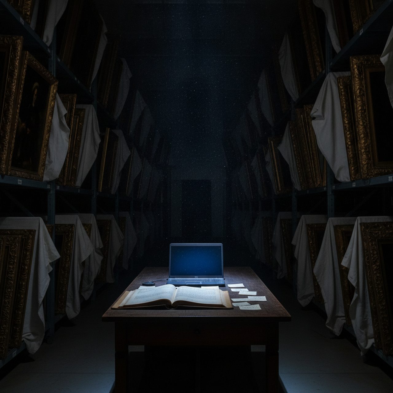 Dim museum storage vault with gilt-framed paintings under dust sheets and a laptop glowing over an open provenance ledger, illustrating AI research into Nazi-looted art
