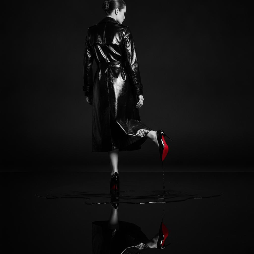 Full-figure silhouette of a woman in a black leather trench on a mirror-black floor, one red sole lifted, the only colour