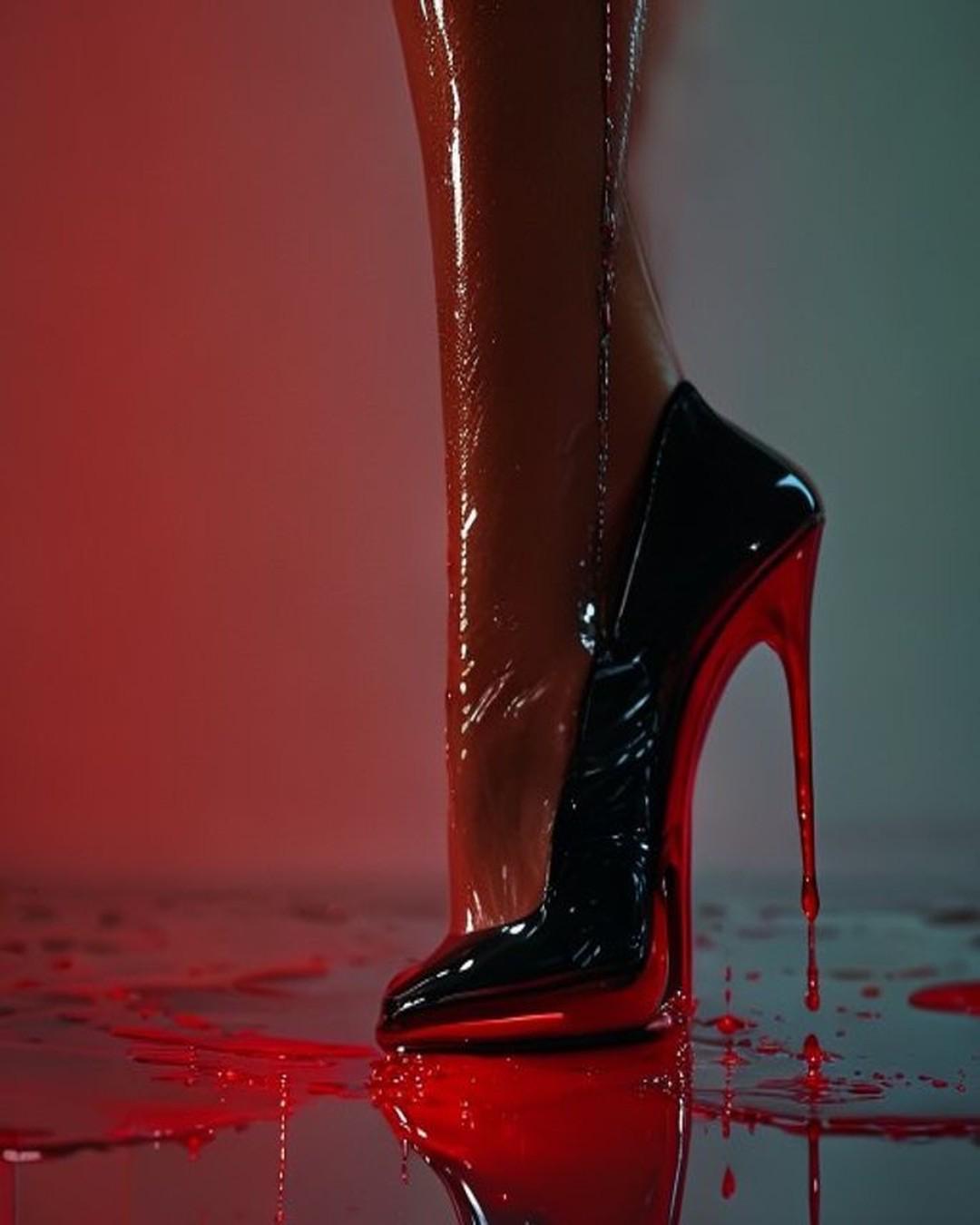 Glossy black patent stiletto with a red lacquered sole, red liquid pooling and dripping