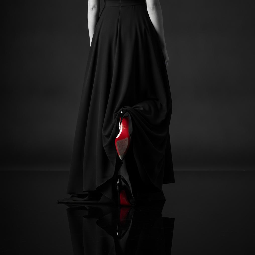 Woman in a long black gown seen from behind, a single red lacquered sole and its reflection the only colour