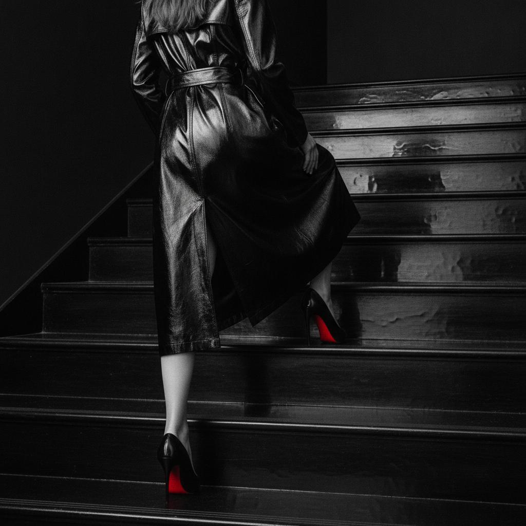 A woman in a black leather trench climbing a dark staircase, the red lacquered sole of her heel catching the only colour in the frame