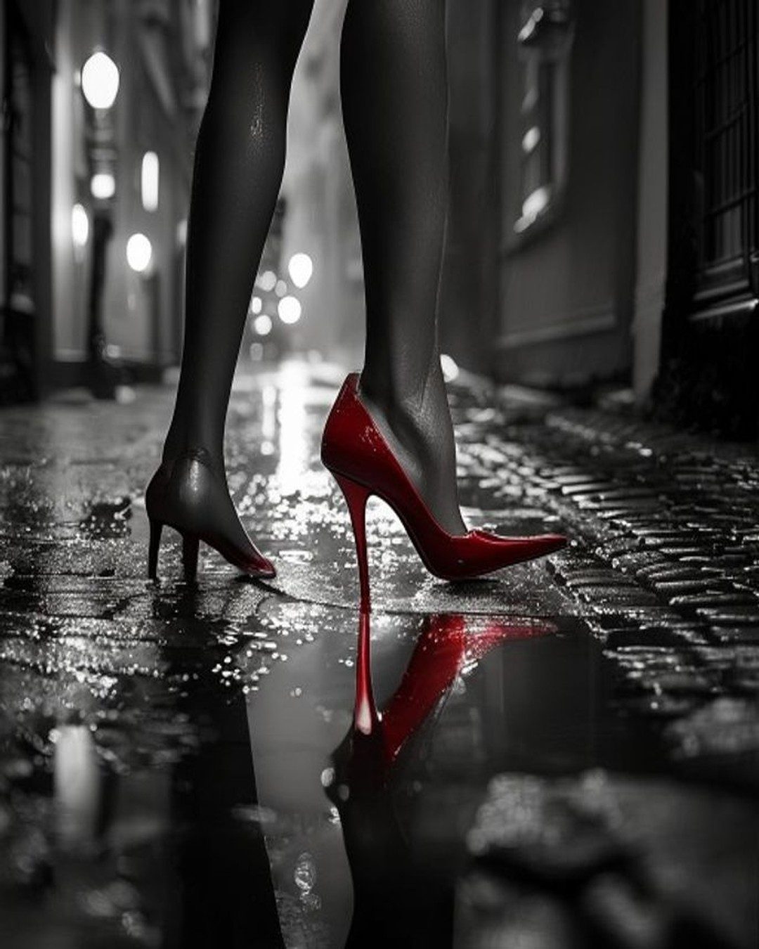 Black-and-white photograph of legs in bright red stiletto heels on wet cobblestones, the red reflected in a puddle