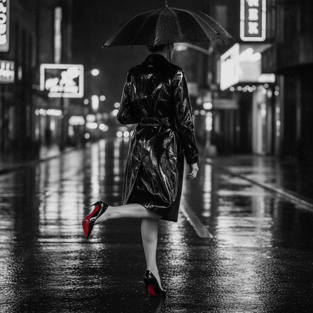 A woman in a black patent trench coat walking a rain-slicked neon street, one heel lifted to reveal a bright red lacquered sole