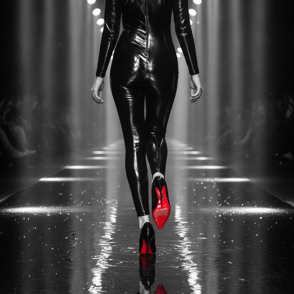 Silhouette in red heels on a dark runway