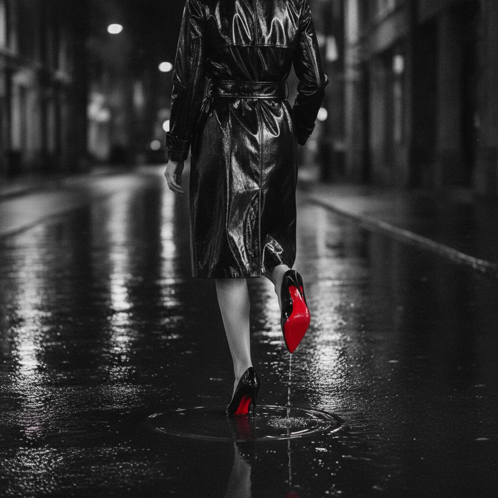 A figure in a black patent trench walking a rain-slicked night street, the red sole of a lifted heel the only colour in the frame